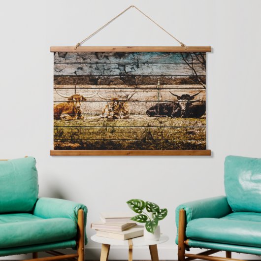 Tapisserie Suspendue Groupe de Longhorns assis en terrain Distressed Wo (Salon)