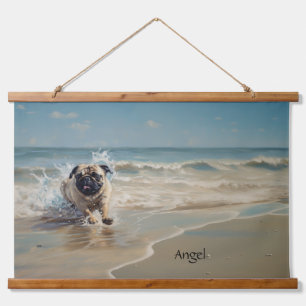 Tapisserie Suspendue Happy Pug à la Plage personnalisable