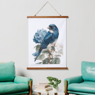 Tapisserie Suspendue Hydrangeas Fleurs Florales Oiseaux Bleus Aquarelle