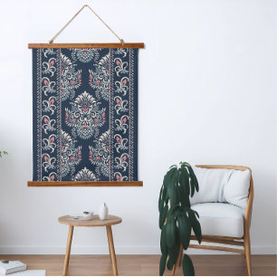 Tapisserie Suspendue Ikat motif floral blanc rose bleu