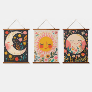 Tapisserie Suspendue Illustration bohème florale Soleil et Lune mignons