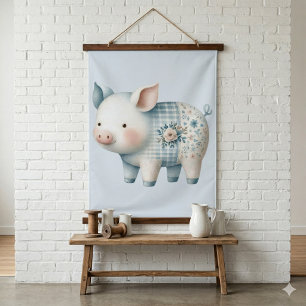 Tapisserie Suspendue Illustration Cottagecore de Cochon en Patchwork Bl
