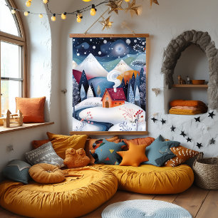 Tapisserie Suspendue Illustration de cabane hivernale fantaisiste