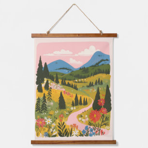 Tapisserie Suspendue Illustration de paysage de montagnes florales bohè