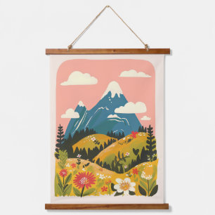 Tapisserie Suspendue Illustration de paysage montagneux floral bohème