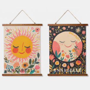 Tapisserie Suspendue Illustration Florale Bohème Prénom Soleil & Lune