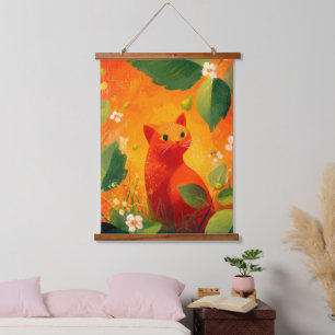 Tapisserie Suspendue Jardin de fleurs sauvages au chat rouge fantaisist
