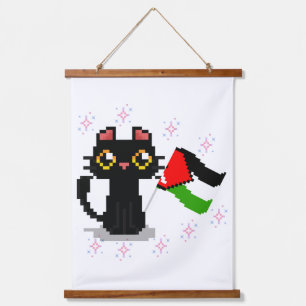 Tapisserie Suspendue joli chat noir tenant le drapeau de la Palestine