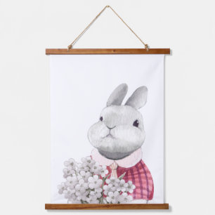 Tapisserie Suspendue Jolie Fleur Bunny Holding Bois Nourriture Décor