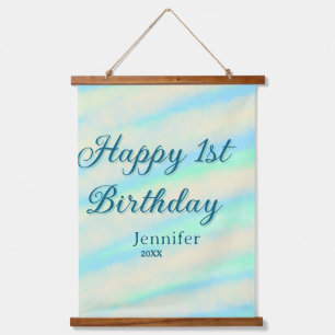 Tapisserie Suspendue Joyeux 1er anniversaire enfants bébé bleu vert pas
