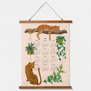 Tapisserie Suspendue Jungle chats; Leopards et plantes de pot calendrie