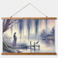 Lac Serene Imaginaire avec saule et héron