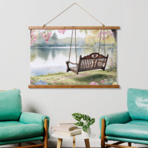 Tapisserie Suspendue Lakeside Swing dans le jardin d'aquarelle romantiq