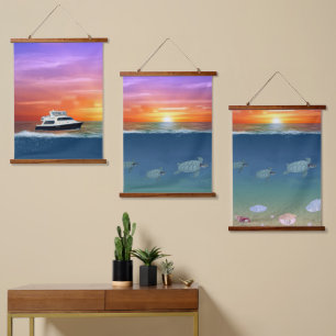 Tapisserie Suspendue Lever de soleil sur l'océan, yacht, tortues marine