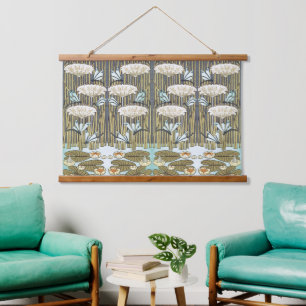 Tapisserie Suspendue Libellule et Lys Vert Sauge Vintage Art