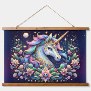 Tapisserie Suspendue Licorne Florale aux Tons de Bijoux Fantastique