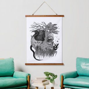 Tapisserie Suspendue Loup et corbeau avec crâne