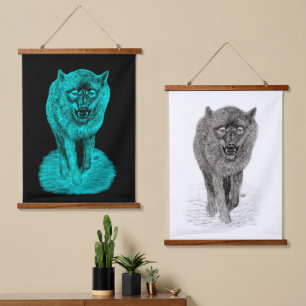 Tapisserie Suspendue Loup noir en colère dans la nuit