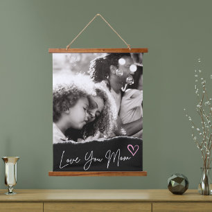 Tapisserie Suspendue Love You Mom Black White Pink Heart Photo personna