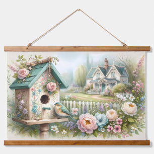 Tapisserie Suspendue Maisonnette oiseau Cottagecore avec jardin floral