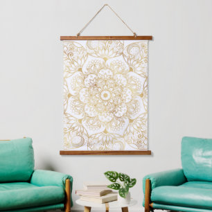 Tapisserie Suspendue Mandala Floral Élégant en Or Blanc