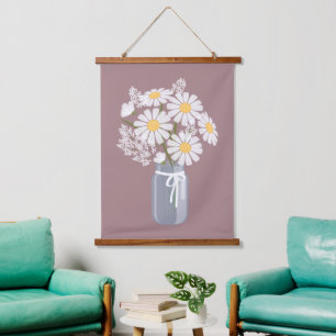 Tapisserie Suspendue Marguerites blanches Mason Jar sur Rosy Brown