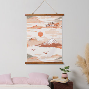 Tapisserie Suspendue Mont Fuji Lever de Soleil Doré Japon Motif Aquarel