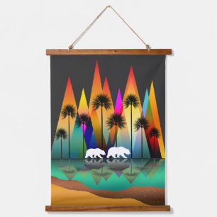 TAPISSERIE SUSPENDUE MONTAGNE COLORÉE OURS PALMIERS OCÉAN