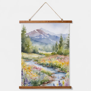 Tapisserie Suspendue Montagnes Arbres Nature Watercolor Creek Scene