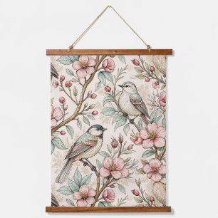 Tapisserie Suspendue Motif floral à l'encre noire et oiseau chanteur bo