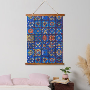 Tapisserie Suspendue Motifs géométriques d'art folklorique bleu cobalt