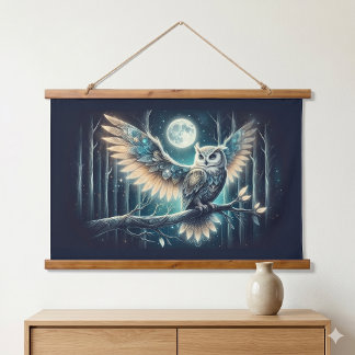 Tapisserie Suspendue Mystical Moon Owl Celestial Forest Glow