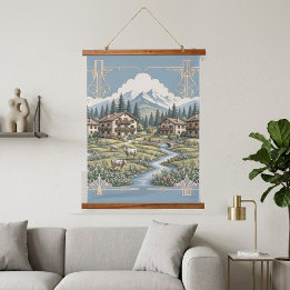 Tapisserie Suspendue Nuages alpins enneigés Pins Prairie rurale Bleu