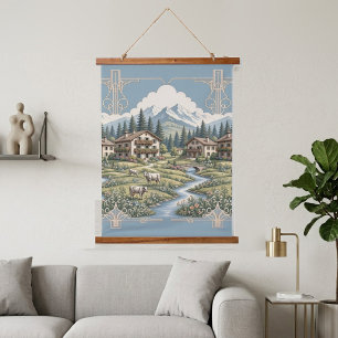 Tapisserie Suspendue Nuages alpins enneigés Pins Prairie rurale Bleu