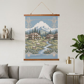 Tapisserie Suspendue Nuages alpins enneigés Pins Prairie rurale Bleu