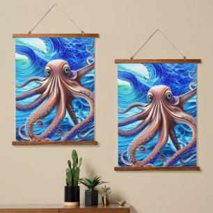 Tapisserie Suspendue Octopus coloré Bleu Océan Vague Réalisme