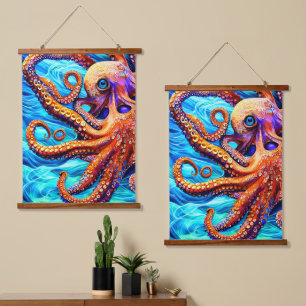 Tapisserie Suspendue Octopus Whimsical Cubisme d'onde de l'océan bleu