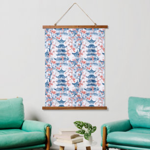 Tapisserie Suspendue Pagode Chinoise Bleue à Motif de Fleurs de Cerisie