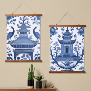 TAPISSERIE SUSPENDUE PAGODES CHINOISERIE EN BLEU 1 & 2