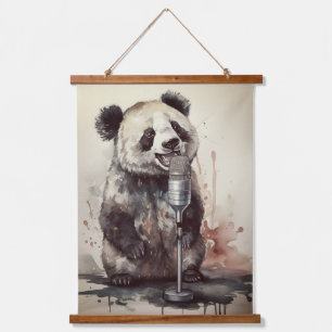 Tapisserie Suspendue Panda mignonne chantant à travers microphone rétro