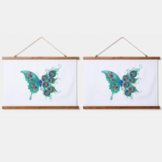Tapisserie Suspendue Papillon aux plumes de paon vert (Double)