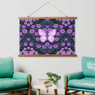 Tapisserie Suspendue Papillons et symétrie des fleurs, violet et bleu