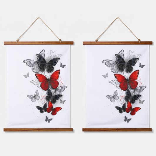 Tapisserie Suspendue Papillons noirs et rouges volants (Double)