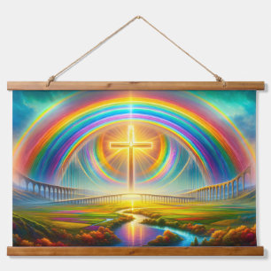 Tapisserie Suspendue Paysage coloré vibre avec arc-en-ciel et croix