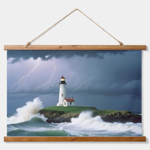 Tapisserie Suspendue Paysage du phare Côte Océan Vagues Nuit Mer