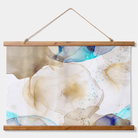 Tapisserie Suspendue Peinture Abstraite d'art fluide en or bleu (Devant)