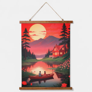 Tapisserie Suspendue Peinture au coucher du soleil avec un bateau au la