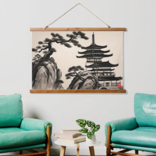 Tapisserie Suspendue Peinture japonaise à l'encre paysage