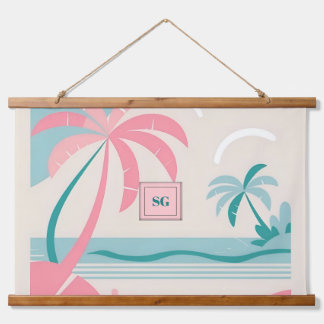 Tapisserie Suspendue Plage tropicale, palmiers turquoises roses