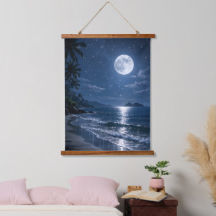 Tapisserie Suspendue Pleine Lune sur la Nuit de Plage Tropicale en Acry